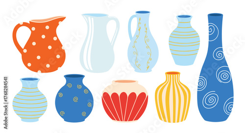 A vibrant collection of hand-drawn pottery, including pitchers and vases in various shapes, colors, and patterns.
