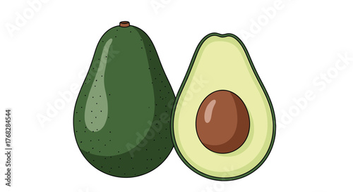 A stylized illustration showing a complete, ripe green avocado next to a halved one with its light green flesh and large brown pit, isolated on white.