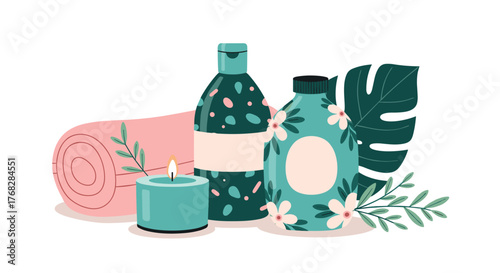 Elegant illustration depicting a collection of natural spa and beauty products, a cozy candle, and a soft towel, embodying a peaceful self-care routine.