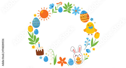Cute Easter holiday wreath illustration featuring a bunny, winking chick, colorful decorated eggs, spring flowers, sun, and a festive cake.
