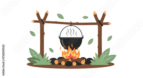 A rustic outdoor cooking scene with a black cauldron hanging over a bonfire, surrounded by wooden sticks and green leaves, set against a white background.