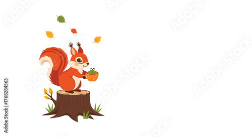 Cute red squirrel perched on a tree stump, holding a green acorn, surrounded by falling autumn foliage against a white background.