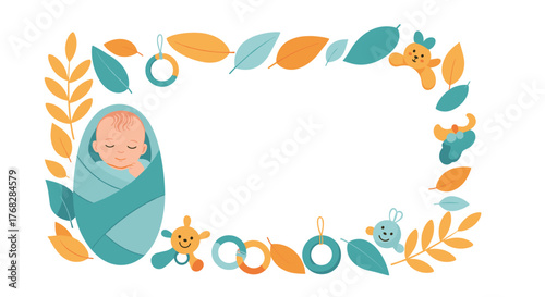 Gentle illustration of a peacefully sleeping newborn baby swaddled in blue, framed by autumn leaves and various baby toys on white.