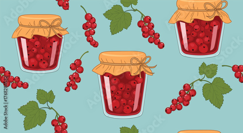 Seamless pattern of red currants and jars filled with delicious red currant jam, set against a light blue background, perfect for textiles or wallpaper.