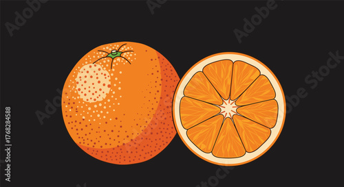 A vibrant illustration featuring a whole, textured orange and a freshly sliced orange half, showcasing its juicy segments against a dark background.