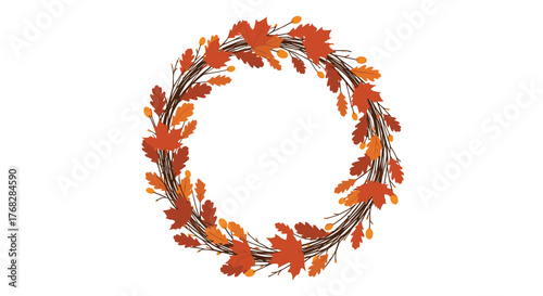 A vibrant autumn wreath illustration, adorned with orange and red fall leaves and natural twigs, isolated on a white background.
