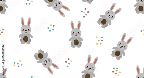 Cute grey bunnies and colorful confetti create a playful and cheerful seamless pattern on a clean white background, perfect for spring or Easter designs.
