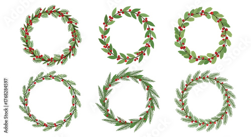 A collection of six watercolor-style Christmas wreaths featuring green foliage and red berries, perfect for festive holiday designs and seasonal greeting cards.