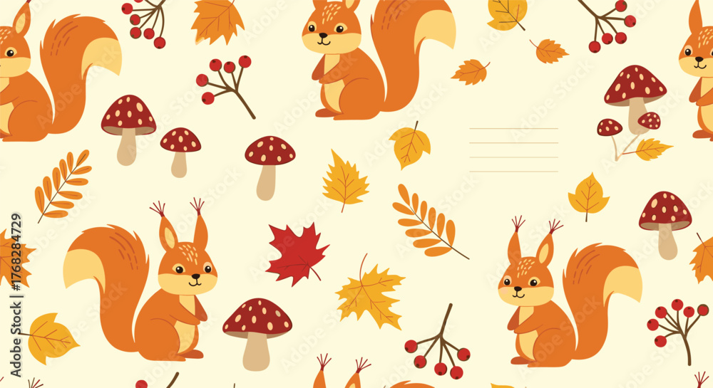 Obraz premium Cute autumn seamless pattern with cartoon squirrels, red mushrooms, and colorful fall leaves and berries on a light background for decorative design.