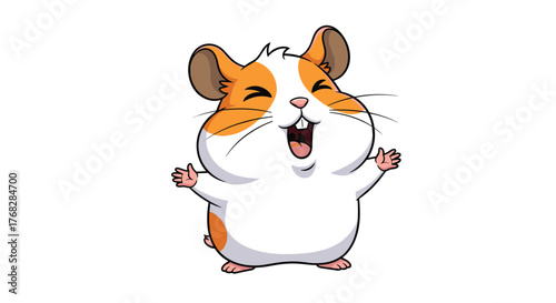 A cheerful cartoon hamster with orange and white fur laughs happily with its arms outstretched, exuding pure joy on a white background.