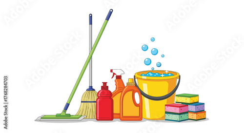 An assortment of essential household cleaning tools and products, including mops, brooms, detergents, a bucket, and sponges, for effective upkeep.