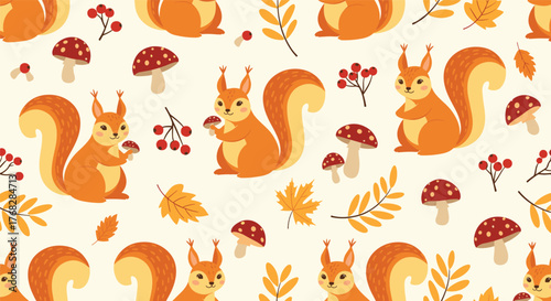 Cute autumn seamless pattern with cheerful squirrels, red berries, mushrooms, and colorful fall leaves on a light background.