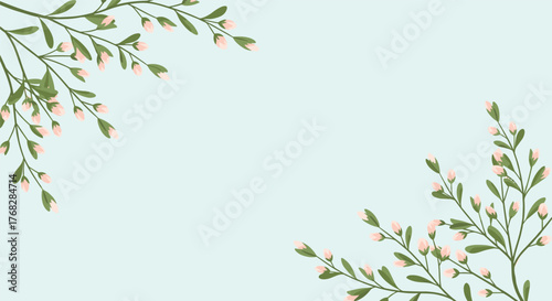 Gentle floral border with blooming pink buds and fresh green foliage on a serene light blue backdrop, ideal for cards and invitations.
