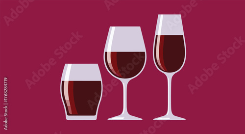 An illustration featuring three distinct types of wine glasses, each filled with red wine, displayed on a solid maroon background.