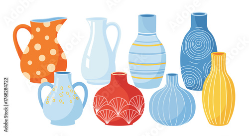 A charming collection of colorful ceramic vases and pitchers in various shapes and patterns, illustrated in a flat design style.