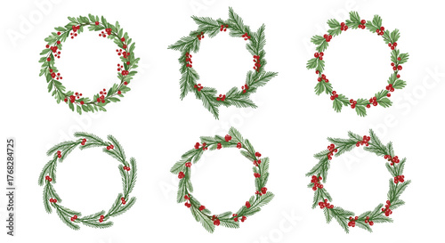 A collection of watercolor Christmas wreaths featuring festive red berries and green foliage, perfect for holiday season designs.
