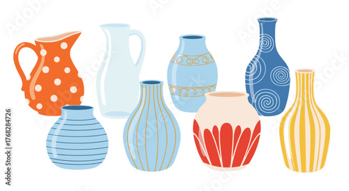 Stylized illustration featuring a variety of artistic vases and pitchers in different shapes, colors, and designs.