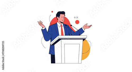 An enthusiastic businessman in a suit gives a compelling speech at a conference, standing behind a lectern with a microphone and expressive gestures.