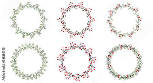 Collection of six hand-drawn watercolor floral wreaths with green leaves and red berries, perfect for festive holiday designs and natural decorations.