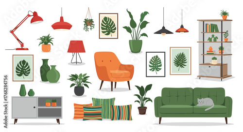 Modern home interior decor collection featuring stylish furniture, lush potted plants, diverse lighting, and framed art on white.