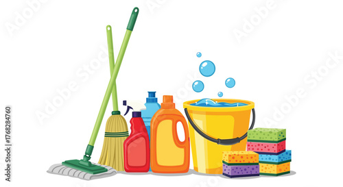A collection of essential household cleaning tools and products: mop, broom, detergent bottles, a bucket with water and bubbles, and colorful sponges.
