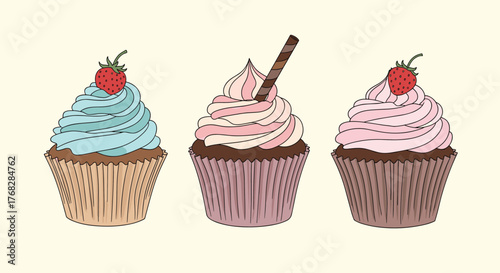 A delightful illustration featuring three beautifully decorated cupcakes with colorful frosting and sweet toppings, perfect for celebrating any occasion.