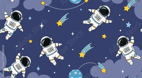 Cute seamless pattern of cartoon astronauts floating in outer space among stars, comets, and planets.