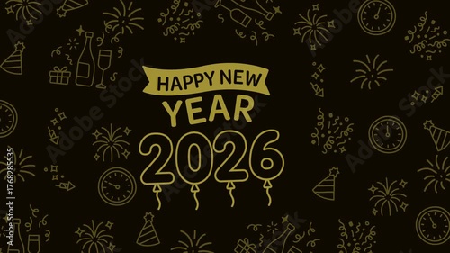 Seamless looping animation featuring golden Happy New Year 2026 typography with festive icons like fireworks, clocks, champagne, and confetti on a dark elegant background.

