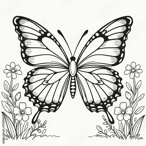 Butterfly and flowers on pink background coloring book page vector illustration.