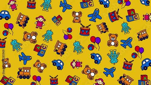 Seamless looping animation featuring colorful children’s toys including teddy bears, robots, toy cars, planes, blocks, and balloons on a bright yellow background, creating a playful fun vibe.
