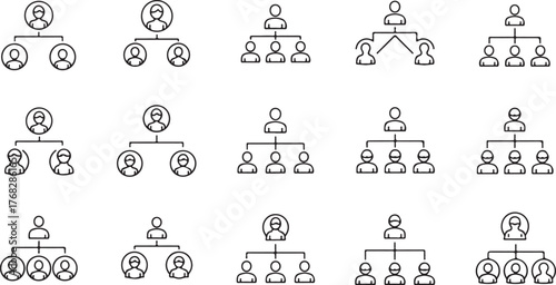 Black and White Line Art Organizational Hierarchy Icons Set