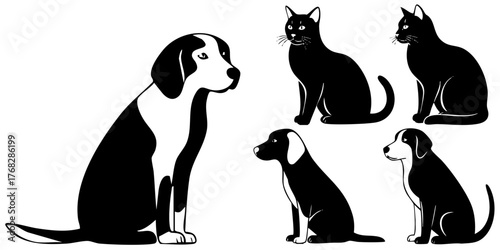 A charming collection of cat and dog illustrations depicting pets friendship, provided as scalable vector clipart