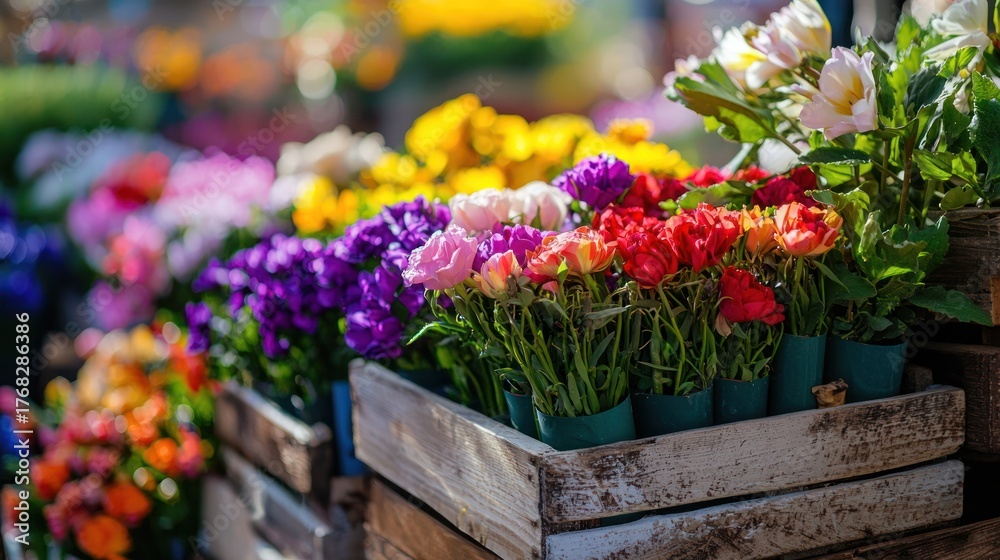Fototapeta premium A vibrant flower market display with a variety of colorful tulips and pansies.