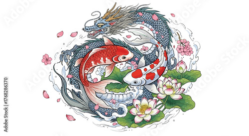 Enchanting dance of koi and dragon harmony amidst lotus blossoms and scattered petals creating a