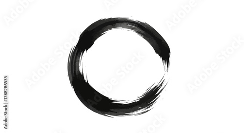 Abstract inky circle with artistic brush strokes on an empty canvas backdrop painting
