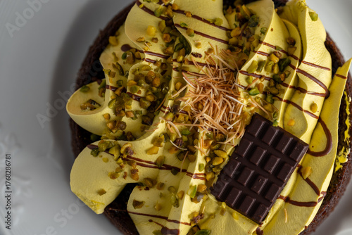 Close up view of pisstachio cake