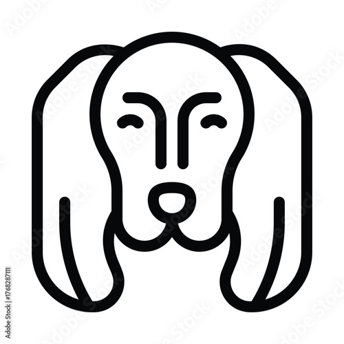 Minimalist dog icon Frontfacing dog head with drooping ears and eyes with a nose Black bold outlines