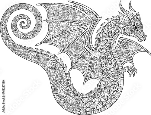 Side profile dragon illustration with mandala wings, floral patterns, and geometric details for fantasy tattoo, coloring, and design use