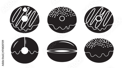 Six black donut illustrations with varied toppings on transparent background silhouette