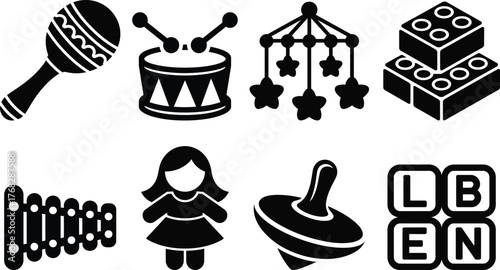 Collection of classic toys icons set for children fun and playtime entertainment