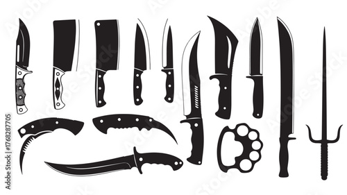 Collection of various knives and blades in black silhouette on transparent background