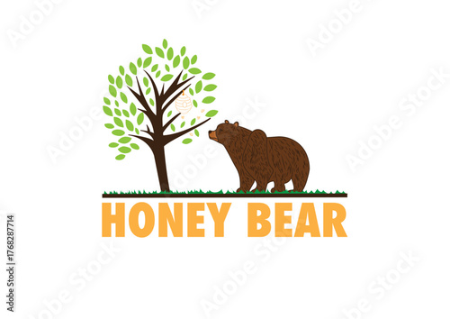 Bear wants to eat a honey bee above a tree. Vector art design.