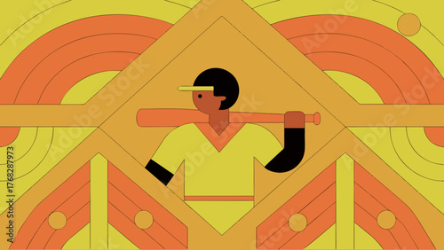Dynamic baseball player illustration with bat on shoulders, modern geometric design, athletic prowess, sporty vibe, perfect for team spirit and sports promotions