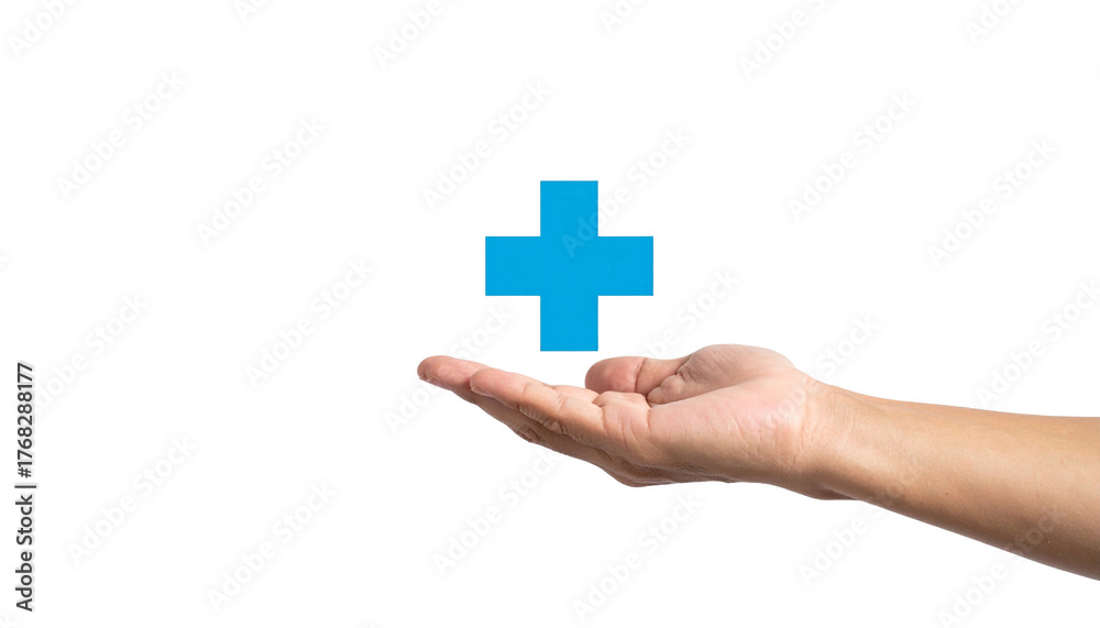 Fototapeta premium Hand holding a blue plus sign symbol, indicating healthcare or support