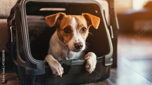 A brown and white dog sitting in a black pet carrier.