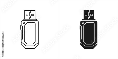 Usb connector icon, black and white outline and solid fill