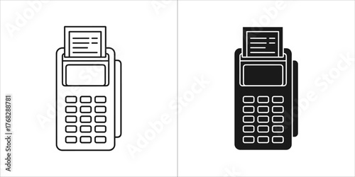 Two icons of a credit card terminal, one outlined and one solid black