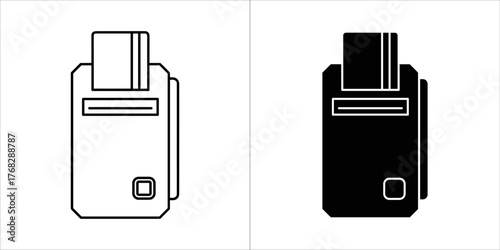 Two icons of a card reader, one outlined and one solid black