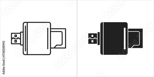 Two icons of a usb flash drive adapter, one outline and one solid