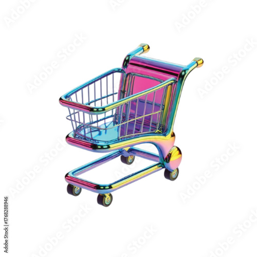 A miniature shopping cart with a vibrant, iridescent rainbow finish, isolated on white.